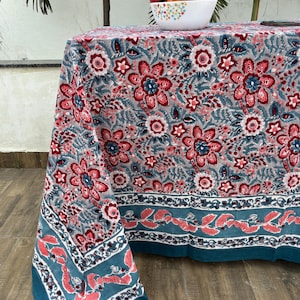 Indian Block Printed Tablecloth, Cotton Floral Vintage Tablecloth, Classic French Dining Table Cover, Kitchen Housewarming Wedding gifts