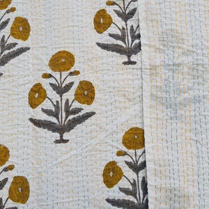 Edredón estampado Jaipuri, cubrecama de algodón floral con bordado Kantha tamaño king, manta Kantha. imagen 6