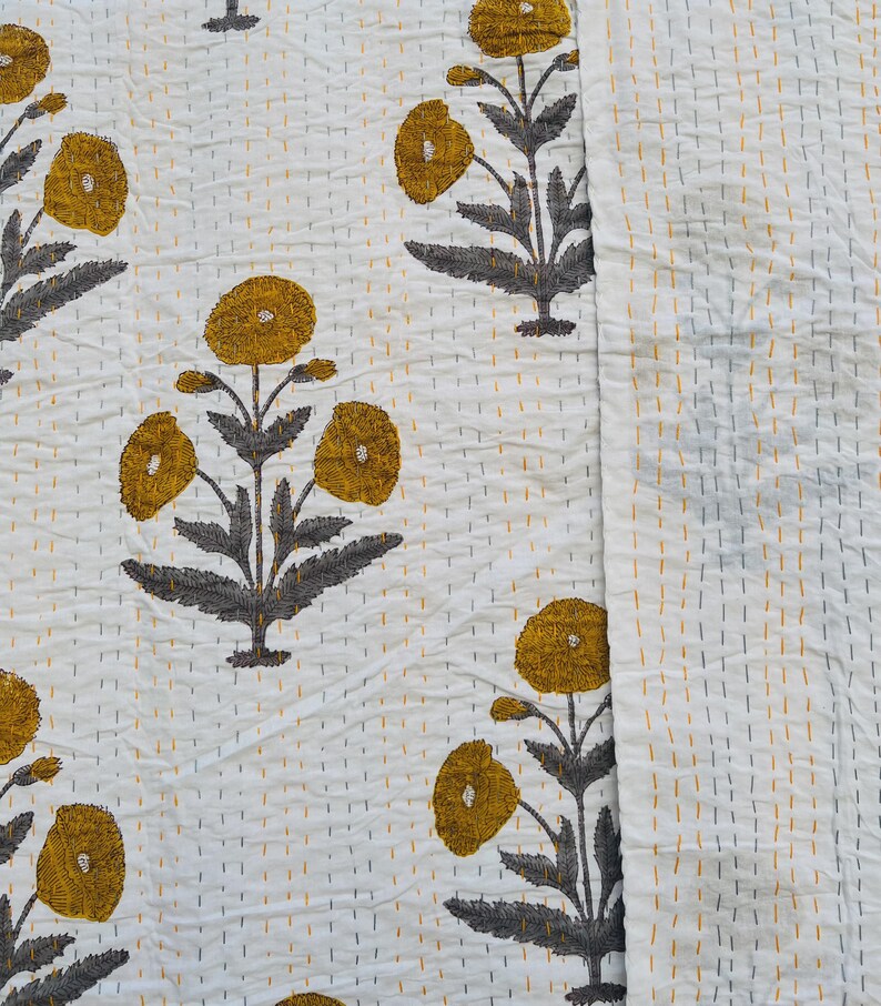 Edredón estampado Jaipuri, cubrecama de algodón floral con bordado Kantha tamaño king, manta Kantha. imagen 6
