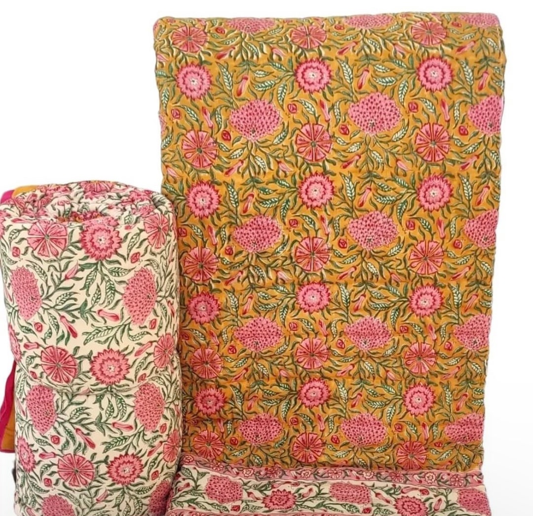 Hand Block Print Handmade Blue Queen Floral Cotton Quilted Quilt Cotton ...