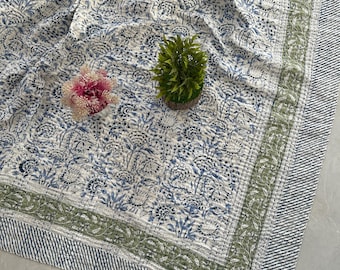 Hand Block Printed Kantha Quilt Handmade Floral Cotton Bedspread, Boho Vintage Queen Size Quilt
