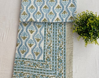 Colcha Kantha estampada a mano con bloques, estilo bohemio vintage, manta floral, colcha hecha a mano tamaño Queen.