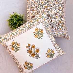 Block Printed Cotton Cushion Cover, Floral Designer Pillow Cover, 24x24&quot; Throw Pillow Cover, Boho Wedding Cushion Cover, Classic Sofa Decor