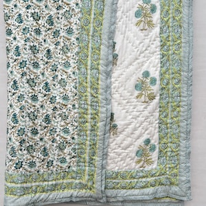 New Hand Block Printed Cotton Quilt Reversible Indian Quilt Green Floral Print Quilt Lightweight Soft Quilt,Throw Blanket,Kantha Quilt