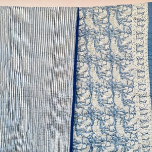 Bohemian Block Printed Cotton Quilt, Handmade Floral Throw Bedspread, King Size Quilt for Bedroom, Soft Bedding Coverlet, Home Decor Gift