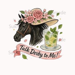 May include: A black horse wearing a straw hat with pink flowers and a pink ribbon that says "Talk Derby to Me!"  A glass of lemonade with a lemon wedge and mint leaves sits on a saucer next to the horse.