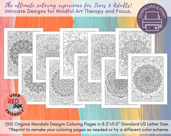 Páginas para colorear para adultos y adolescentes: 50 mandalas originales, terapia de atención plena, relajación, concentración y alivio de la ansiedad. Descarga digital instantánea.