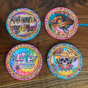 Sous-verres uniques en liège Fiesta mexicaine estampillés à la main, Dia de los Muertos colorés, fabriqués à la main, Sous-verres Cinco de Mayo