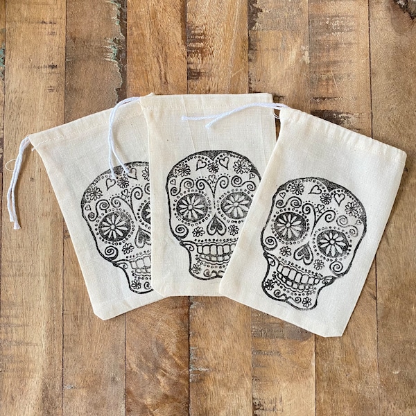 Hand Stamped Sugar Skull Skeleton Cotton Muslin Trinket Pouch, Gift Bag, Dia de los Muertos, Set of 3, 4"x6"