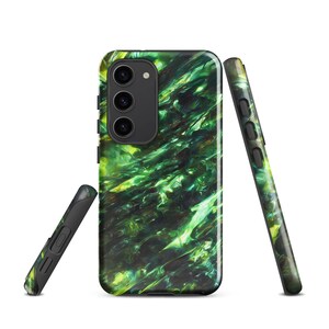 May include: A green and black phone case with a marbled design. The case is shown from three different angles.
