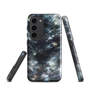 May include: A black phone case with a dark blue and white abstract design. The case has a raised camera bump with three lenses.
