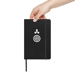 Może przedstawiać: Czarny notes z białym logo przedstawiającym koło z kropkami i trójkątem nad nim. Notes ma czarną gumkę zamykającą i czarną wstążkę do zaznaczania stron.