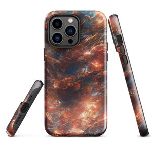 May include: A smartphone case with a vibrant abstract design in shades of orange, brown, and blue. The case is shown from multiple angles, highlighting its sleek design and the intricate pattern that covers its surface.