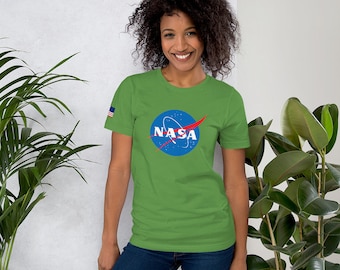 National Aeronautics and Space Administration (Front), International Space Station (Back) Unisex T-shirt (White, Grey, Blue, Green, or Gold)
