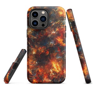 May include: A phone case with a colorful abstract design featuring shades of orange, red, and blue. The case is designed to fit an iPhone 12 Pro Max.