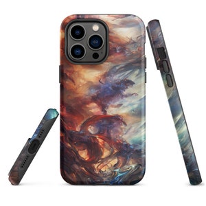 Puede incluir: Una funda para teléfono con un diseño abstracto colorido que presenta colores que se arremolinan en rojo, naranja, azul y blanco. La funda está diseñada para un teléfono con una lente de cámara triple.