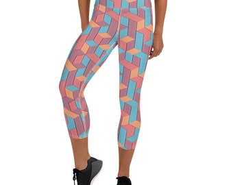 Tessellated Stitch Colorful Optical Illusion Yoga Capri Leggings