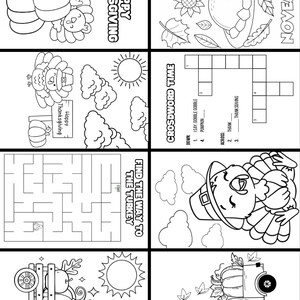 May include: Black and white Thanksgiving-themed activity pages. Images include a turkey, pumpkin, leaves, a crossword puzzle, a maze, and a truck carrying a pumpkin. Text includes "Happy Thanksgiving", "November", and "Find the way to the turkey".