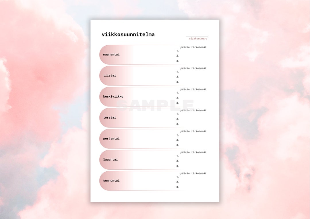 Viikkosuunnitelma Tulostettava Pohja Suomeksi PDF JPG A4 Etsy