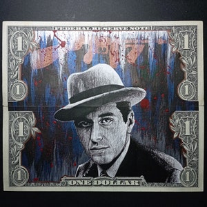 Michael Corleone Money Art Drawing Genuine 1 Dollar Bill Signed By BEAR Movie Poster