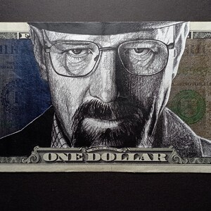 Heisenberg Geld Kunst Zeichnung Echt 1 Dollar Bill Signiert Von BEAR Filmplakat
