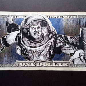 Toy Story ''Buzz Lightyear'' Pop Art pintado billete de 1 dólar genuino firmado por BEAR Movie Poster