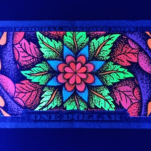 Neon Mandala Money Art Drawing Genuine 1 Dollar Bill firmato da BEAR Dot Work