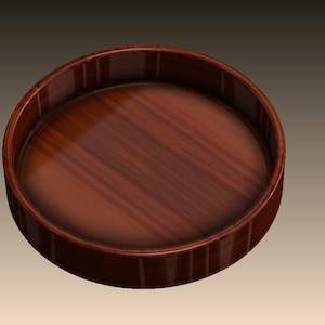 May include: A round, wooden bowl with a rich, dark brown finish. The bowl has a smooth, polished surface and a slightly raised rim. The wood grain is visible, adding to its natural aesthetic. This bowl is suitable for serving or display.