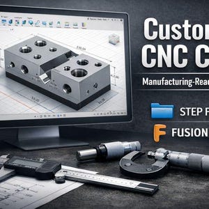 May include: A computer monitor displays a 3D CAD model of a metal component. The image includes precision measuring tools, and the text "Custom CNC CAD, Manufacturing-Ready Designs, STEP FILES, FUSION 360".