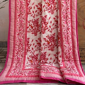 Pink Jaipuri Quilt, Indian Reversible Razai, Block Print Pink Floral Cotton Quilt, Queen Size Quilted Blanket, Comforter Throw, Home Decor
