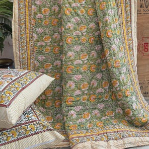 Indian Block Print King Size Floral Cotton Quilt, Reversible Handmade Bedding Quilted Bedspread, Jaipuri Razai Blanket, Gifts For Home decor
