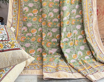 Hand Block Printed Cotton Dohar: Reversible Floral Blanket