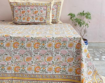 Indian Block Print Cotton Bed Cover, Hand Print Flat Sheet, Block Print Bedsheet, Full Bedding Set, Handmade Bedding, Printed Bedspread Gift