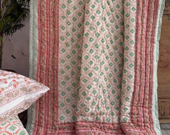 Indian Block Print King Quilt: Reversible Floral Cotton Bedspread