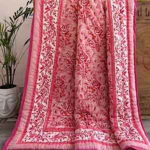 Pink Indian Hand Block Print Floral Quilt, Reversible Cotton Queen Size Jaipuri Bedspread, Soft Summer Vintage Blanket, Gifts for Home Decor