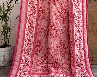 Pink Floral Quilt: Reversible Cotton Queen Bedspread, Hand Block Print