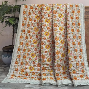 Indian Block Printed Queen Size Cotton Quilt, Reversible Floral Soft Bed Cover Handmade Jaipuri Razai, Comforter Throw Boho Bedspread, Gifts