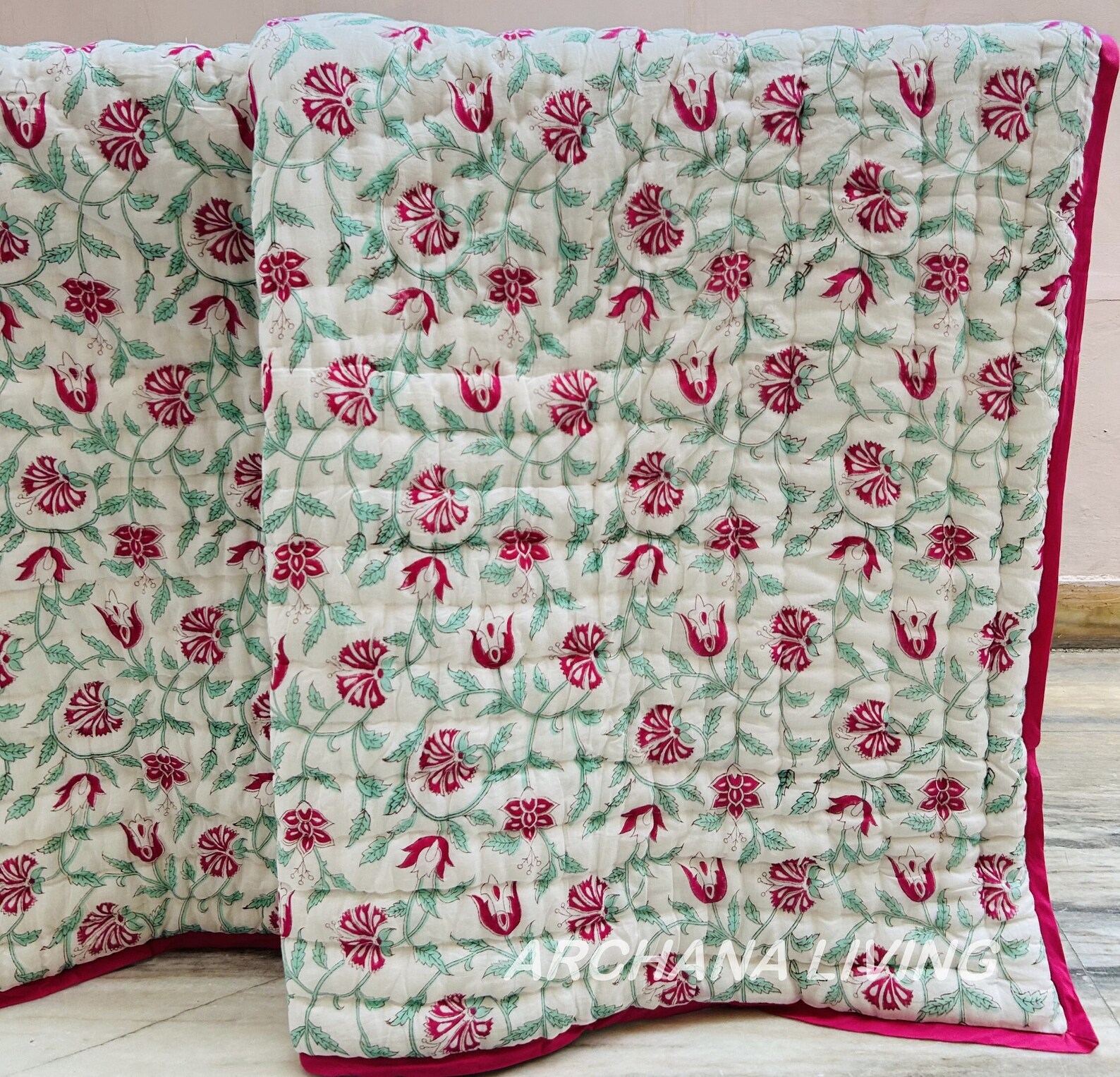 Hand Block Print Quilt Floral Dark Base, Soft Quality Quilt Ultra Warm