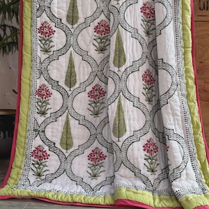 Indian Block Print Twin Size Quilted Blanket, Reversible Soft Cotton Bedding Jaipuri Razai, Comforter Throw Floral Blanket, Home Decor, Gift