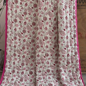 Hand Block Printed Twin Size Cotton Quilt, Indian Reversible Floral Boho Bedding Quilted Blanket, Jaipuri Boho Bedspread, Home Decor, Gifts