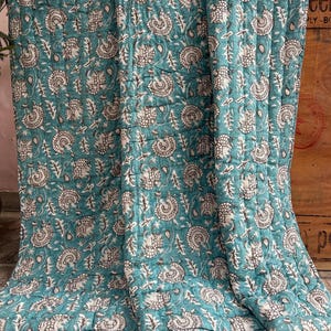 Hand Block Printed King Size Quilt: Reversible Floral Cotton Bedspread