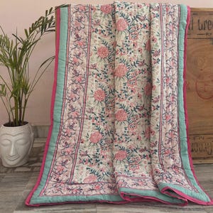 Queen Size Block Printed Indian Quilt, Reversible Floral Cotton Handmade Bed Cover Quilt, Soft Jaipuri Razai, Bedspread For Home Decor, Gift