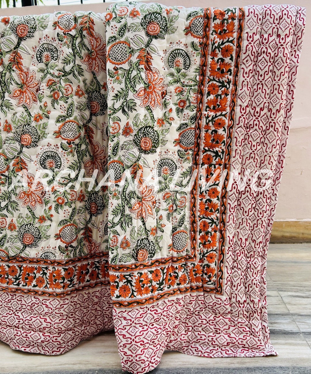 Floral Jaal Print Quilt, Large Boota Print Quilt, Reversible Light Warm ...