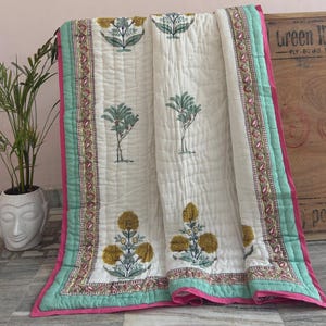 Queen Size Block Printed Indian Quilt, Reversible Floral Throw Bed Cover Cotton Quilted Bedspread, Handmade Jaipuri Razai, Home Decor, Gifts
