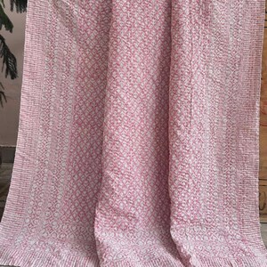 Hand Stitched Floral Kantha Quilt: Queen Size Block Printed Indian Throw