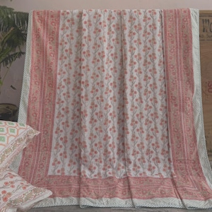 Floral Block Printed King Size Dohar, Reversible Indian Throw Cotton Bedspread