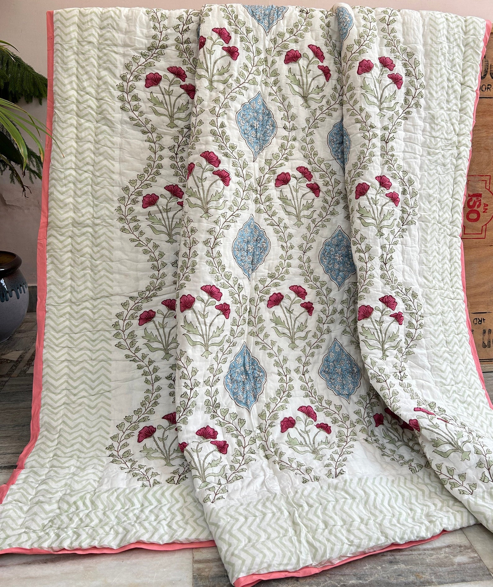 Handmade Queen Cotton Quilt: Floral Block Print Bedspread - 90 x 108 Inch