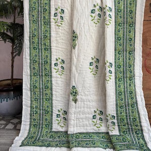 Organic Cotton Hand Block Print Quilt, Indian Floral King Size Reversible Quilt, Bedding Throw Jaipur Razai, Home Decor, Comforter Bedspread