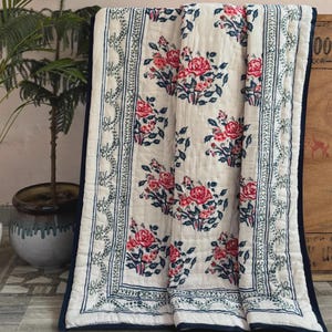 Indian Block Printed Twin Size Quilted Blanket, Reversible Throw Floral Bed Cover Cotton Bedspread, Soft Jaipur Razai, Boho Home Decor, Gift