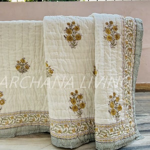 Jaipuri Block Print Quilt: Handmade Reversible Cotton Floral Razai